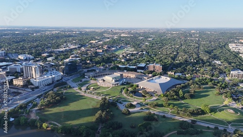 Aerial view of downtown Austin's south end overlooking the Long Center and Palmer Events Center