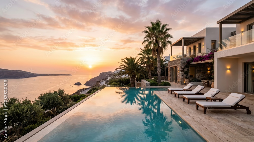 Fototapeta premium Mediterranean villa with infinity pool reflecting orange sunset over coastal bay terrace and loungers by sea