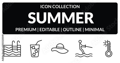 Tableau sur toile outline summer icons set - swimming pool, refreshing cold drink, waterski, summer temperature