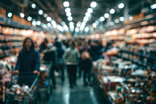 Busy Grocery Store Aisle with Shoppers and Packed Shelves, Blurred Motion, Bright Overhead Lighting