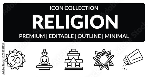 Fotografija outline religion icons set - om, great buddha, bahai, religious salt