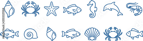 Blue line icons of various sea creatures and shells on white background