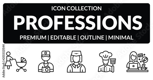 Bild auf Leinwand outline professions icons set - baby sitter, photographer, cooker, graphic de