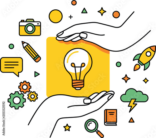 Hands holding a light bulb with creative idea and innovation symbols around