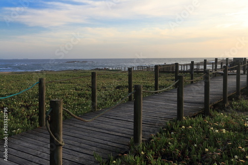 A wooden boardwalk leading to a beach