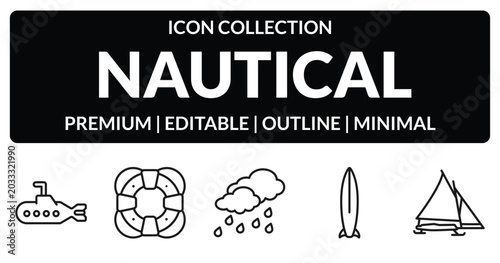 Foto outline nautical icons set - submarine facing right, big float, one suroard, iceboat