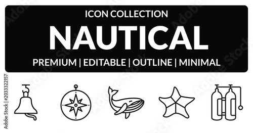 Tableau sur toile outline nautical icons set - big bell, azimuth compass, big starfish, air tank