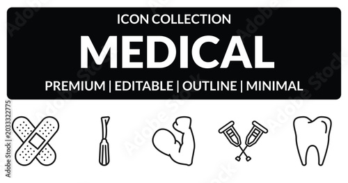 Foto outline medical icons set - sticking plaster, dentist tool, crutches, molar tooth