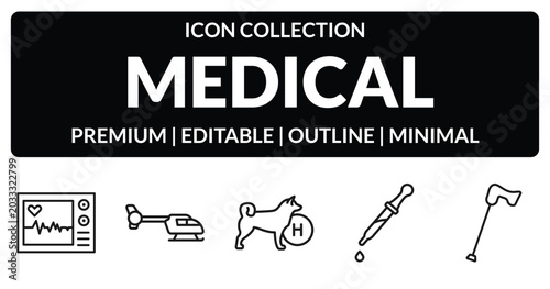 Bild auf Leinwand outline medical icons set - ecg, heliport, eye dropper, walking stick