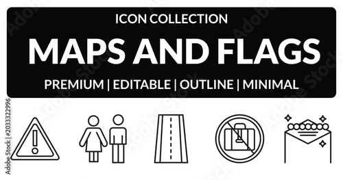 outline maps and flags icons set - caution, toilets, no luggage, las vegas. editable vector for web and mobile ui