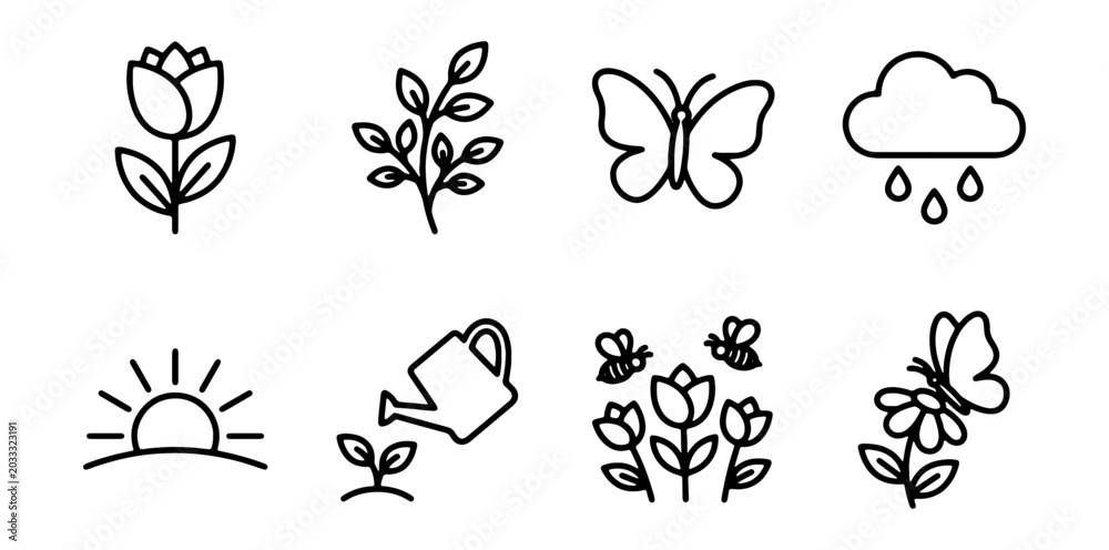 Obraz premium Spring Icons Set: Blooming Flowers, Butterflies, Watering Can, Sunrise, Rain Cloud
