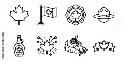 Foto Canadian Maple Leaf Icons Set: Flag, Syrup, Map, Ranger Hat, Emblem, Celebration