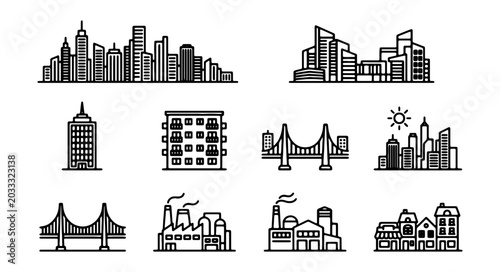 Tableau sur toile Modern Cityscape Icons: Buildings, Bridges, Factories, Skyline Vector Set
