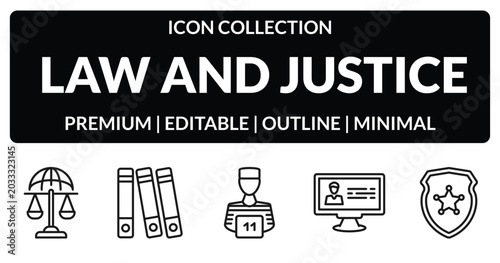 Fotografija outline law and justice icons set - international law, practise areas, criminal database, police badge