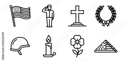 Military Memorial Icons: Flag, Soldier, Cross, Wreath, Helmet, Candle, Flower, Flag Folded