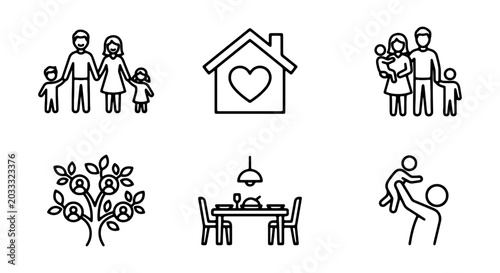 Schilderij op canvas Family Icons Set, Home & Love Symbols, People Graphics, Tree of Life, Dining Sce