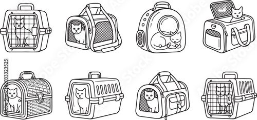 Foto Cats in portable carriers and travel bags for transport