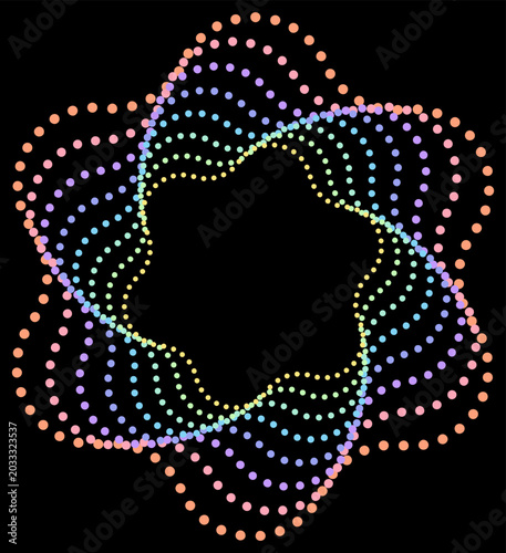 Vibrant vector rosette border featuring a soft pastel rainbow gradient halftone dot pattern on a solid black background. Swirling geometric design ideal for modern digital wallpaper.