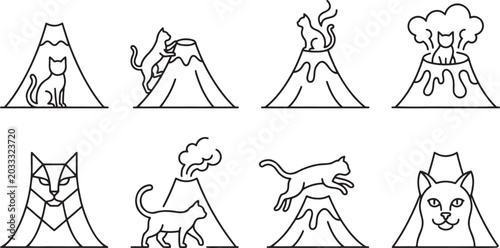 Fotografi Mysterious cat characters appearing near smoking volcanoes and mountains