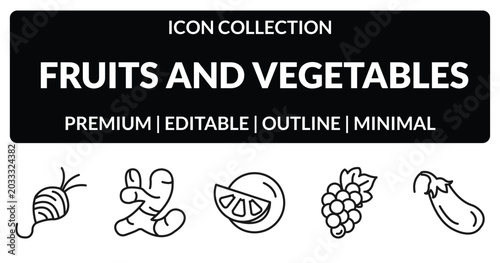 Tableau sur toile outline fruits and vegetables icons set - tuber, ginger, grape, aubergine