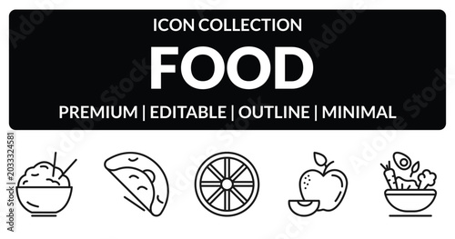 outline food icons set - rice bowl, oyster omelette, leaf, healthy nutrition. editable vector for web and mobile ui