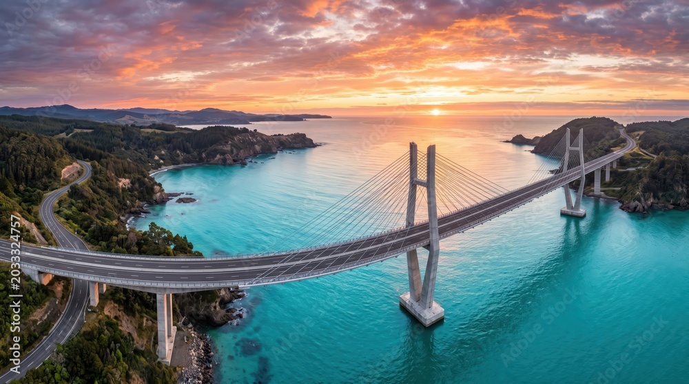Obraz premium Cable stayed bridge spanning turquoise coastal waters connecting rocky headlands under colorful sunrise sky and distant islands