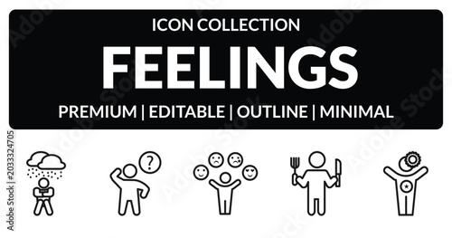 Fotografía outline feelings icons set - depressed human, curious human, hungry human, bette