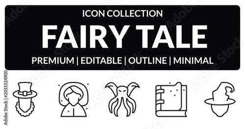 Fotografía outline fairy tale icons set - leprechaun, fairy godmother, spellbook, wicked