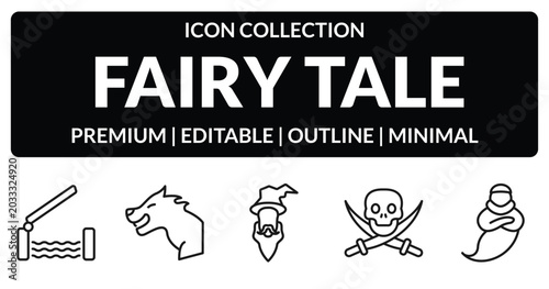 Foto outline fairy tale icons set - drawbridge, werewolf, jolly roger, genie