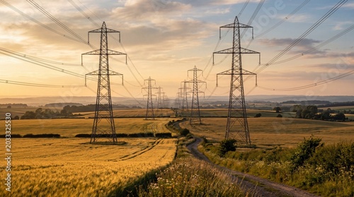 Electric pylons in rural field during golden hour. Overhead power lines transmitting energy across countryside. Infrastructure for electricity supply and industrial landscape concept.