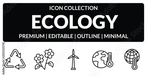 Photos outline ecology icons set - recycling, two flowers, greenhouse effect, warming