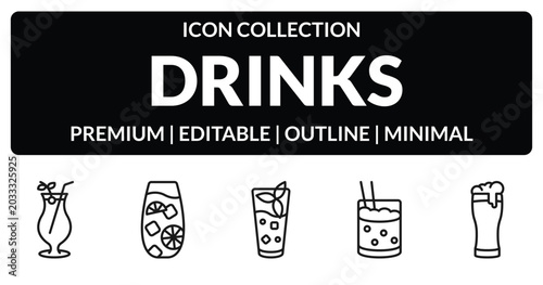 Bild auf Leinwand outline drinks icons set - tequila sunrise, tom collins, mind eraser drink, pint of beer