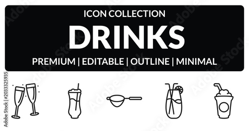 Fotografie outline drinks icons set - toast, ramos gin fizz, planter's punch, frappuccino