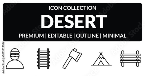 Foto outline desert icons set - bandit, train rails, wigwam, paddock