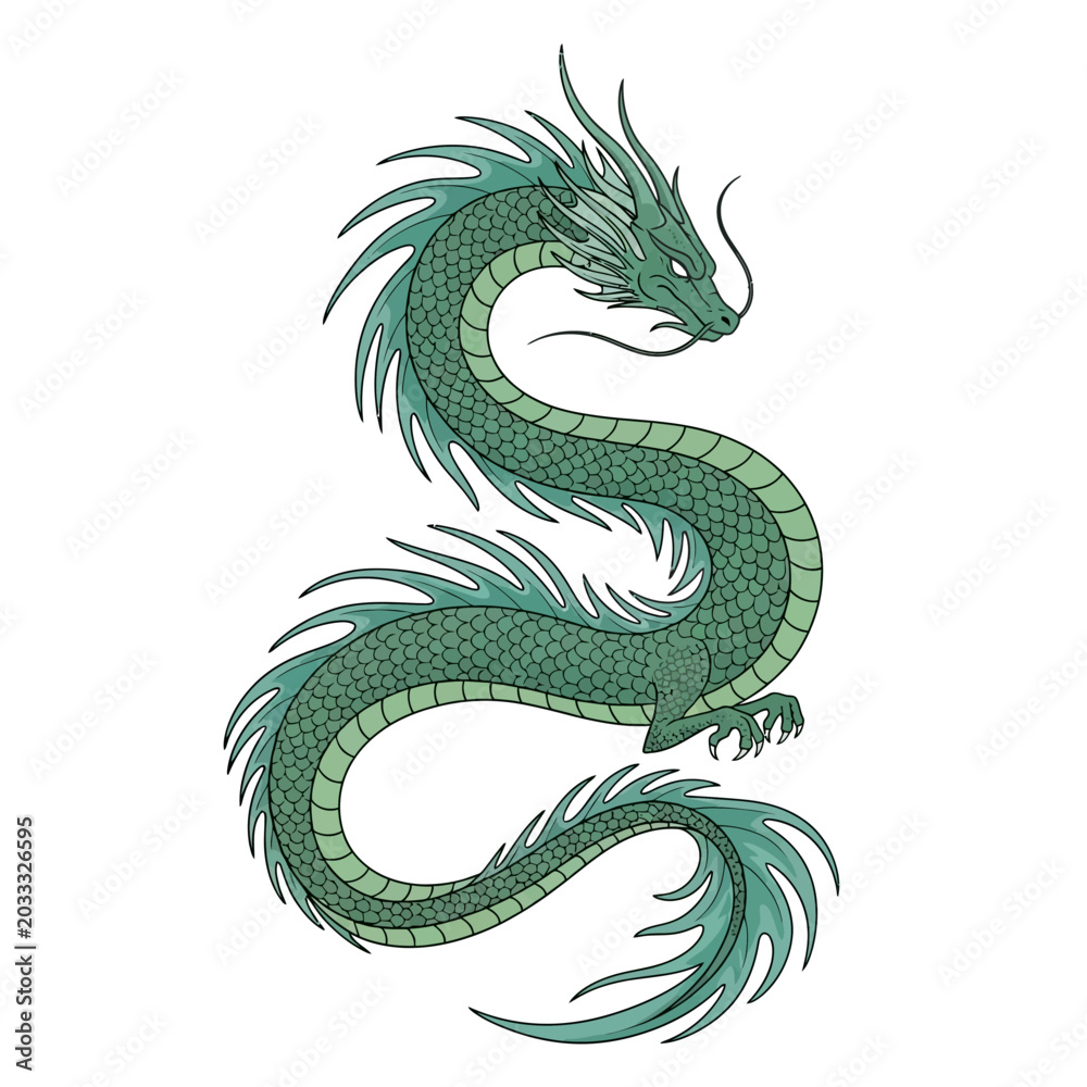 Obraz premium Detailed green dragon illustration featuring a long winding serpentine body