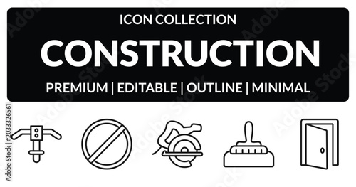 Foto outline construction icons set - inclined picker, stopping, construction works, doors open