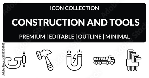 Foto outline construction and tools icons set - vise, inclined hammer, dumper, allen keys