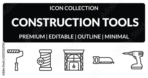 Photos outline construction tools icons set - painter roller, copper, hacksaw, cordless drill