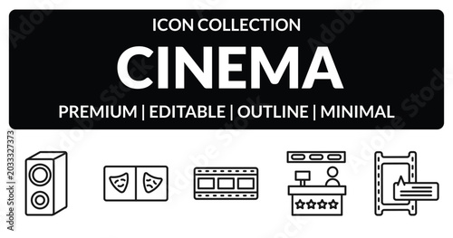 Photos outline cinema icons set - loud woofer box, prompt box, cinema snack bar, subtitle