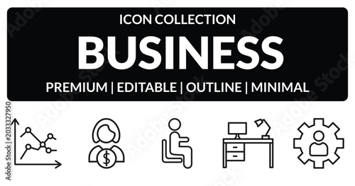 Konstfotografi outline business icons set - line chart statistics, woman holding big coin, work table, expert
