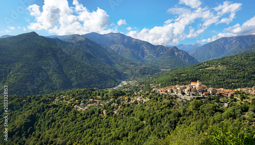 La Bollene Vesubie village nestled in French Alps valley, Mercantour National Park, Maritime Alps, France, Europe.