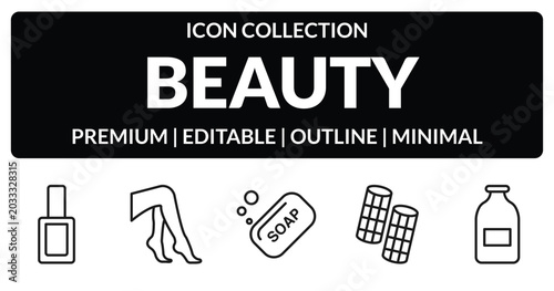 Foto outline beauty icons set - nail polish, legs, curlers, inclined bottle