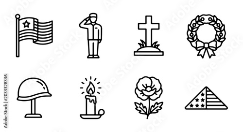 Photos Patriotic Memorial Icons: US Flag, Soldier Salute, Cross, Wreath, Helmet, Candle