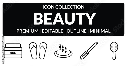 Foto outline beauty icons set - men cream, two flip flops, curling wand, inclined hairbrush