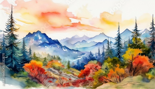 background watercolor painting landscape mountains trees