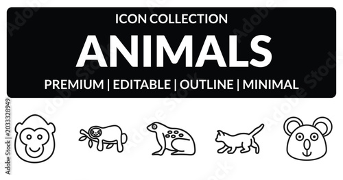 Canvas Print outline animals icons set - ape, sloth, kitten, koala