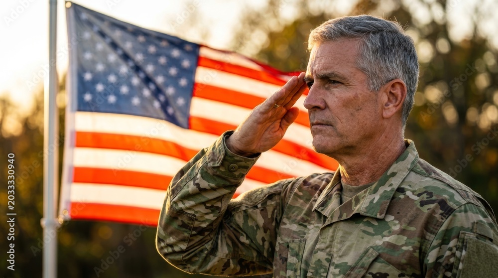 Fototapeta premium Senior military veteran saluting with american flag in background, showing patriotism and respect during golden hour