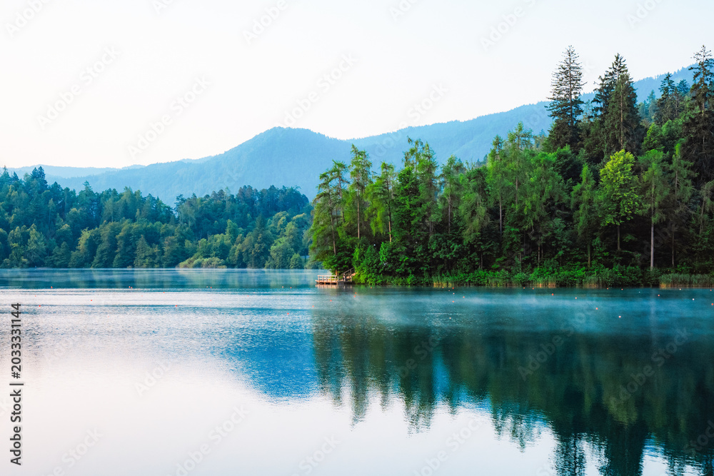 Fototapeta premium Bled, Slovenia. Lake Bled with the Church of the Assumption of Maria and Julian Alps in the background