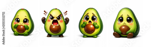 Bashful, Sad, Scared, Angry Emotional Cartoon Avocado Characters on a White Background