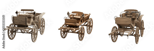 Konstfotografi Set and collection of luxury vintage wooden horse carriage vehicle isolated on w